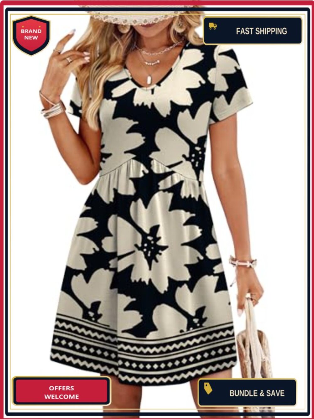 Womens Babydoll Summer Dress V-Neck Short Sleeve Casual Fit Flare with Pockets